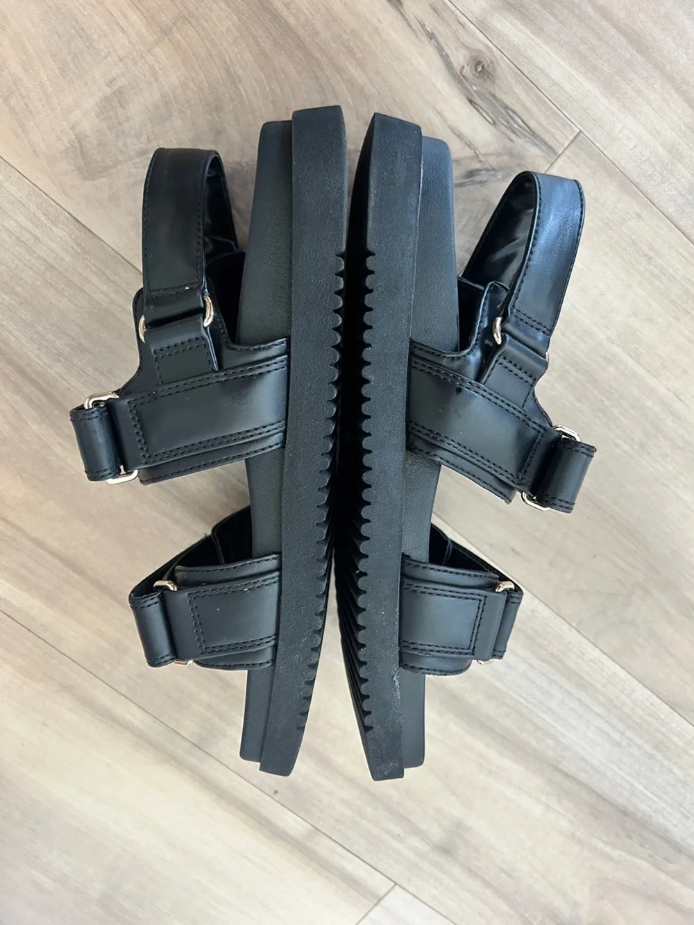a new day Black Leather Double-Strap Sandals with Gold Buckles